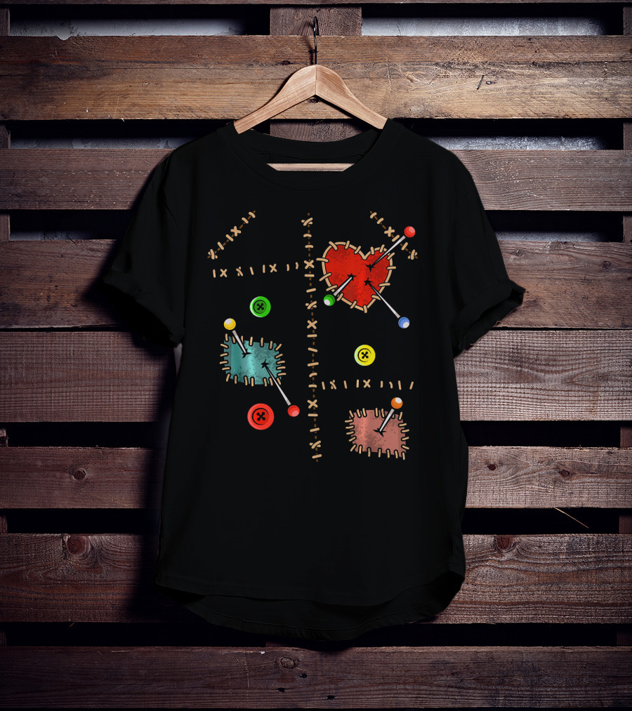 Voodoo Doll Halloween Costume With Heart And Button Patches T-Shirt