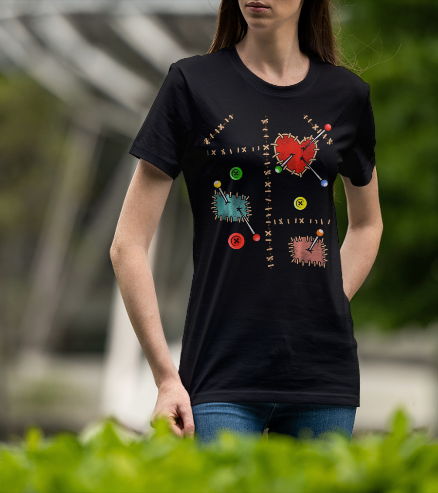 Voodoo Doll Halloween Costume With Heart And Button Patches T-Shirt