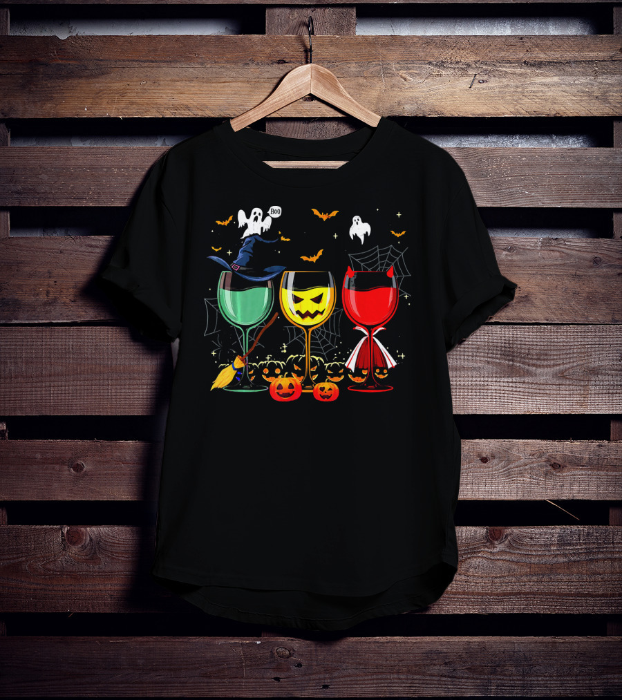 Halloween Witches Pumpkin Ghost Devil Wine Glasses T-Shirt