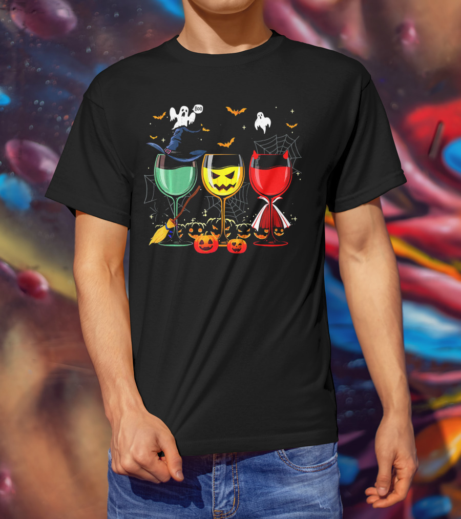 Halloween Witches Pumpkin Ghost Devil Wine Glasses T-Shirt