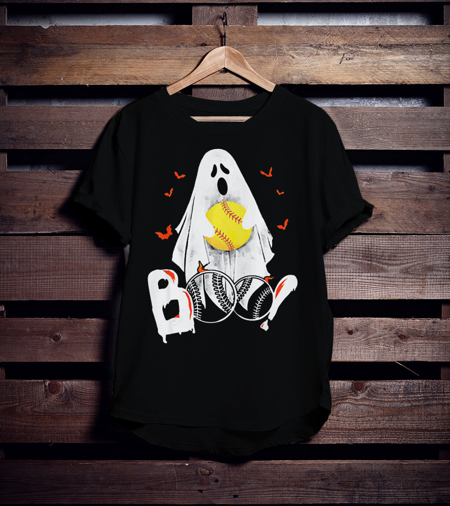 Ghostly Boo Softball With Yellow Softball And Bats T-Shirt