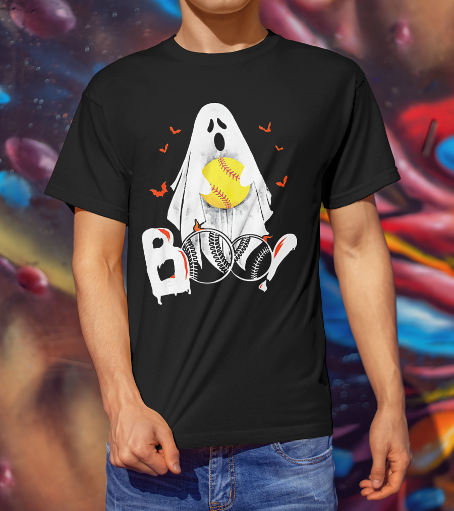 Ghostly Boo Softball With Yellow Softball And Bats T-Shirt