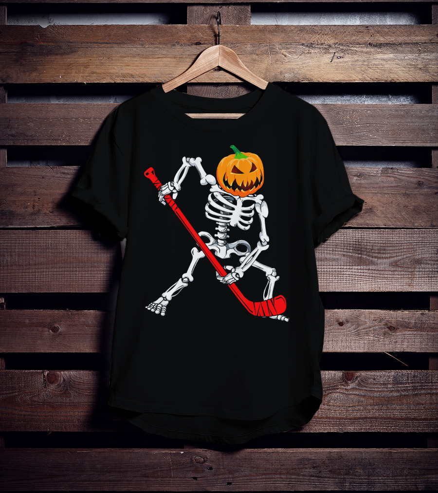 Halloween Skeleton With Pumpkin Head Playing Hockey T-Shirt