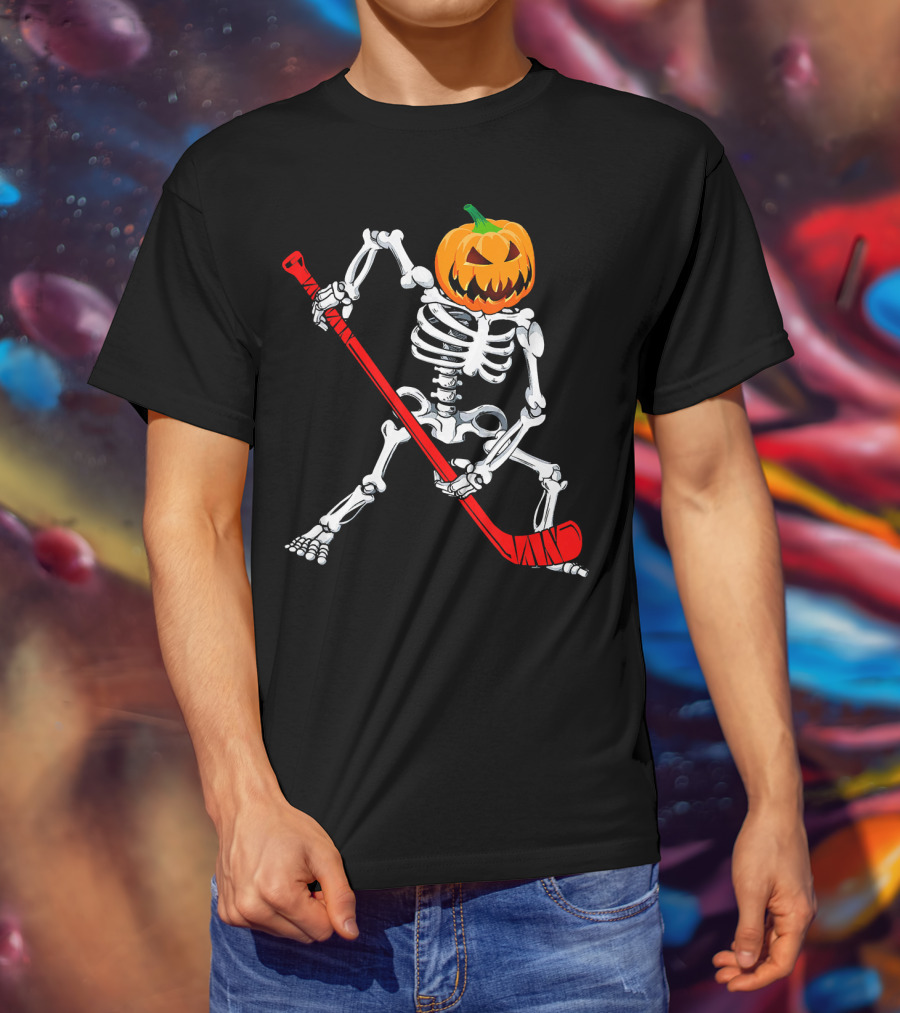 Halloween Skeleton With Pumpkin Head Playing Hockey T-Shirt