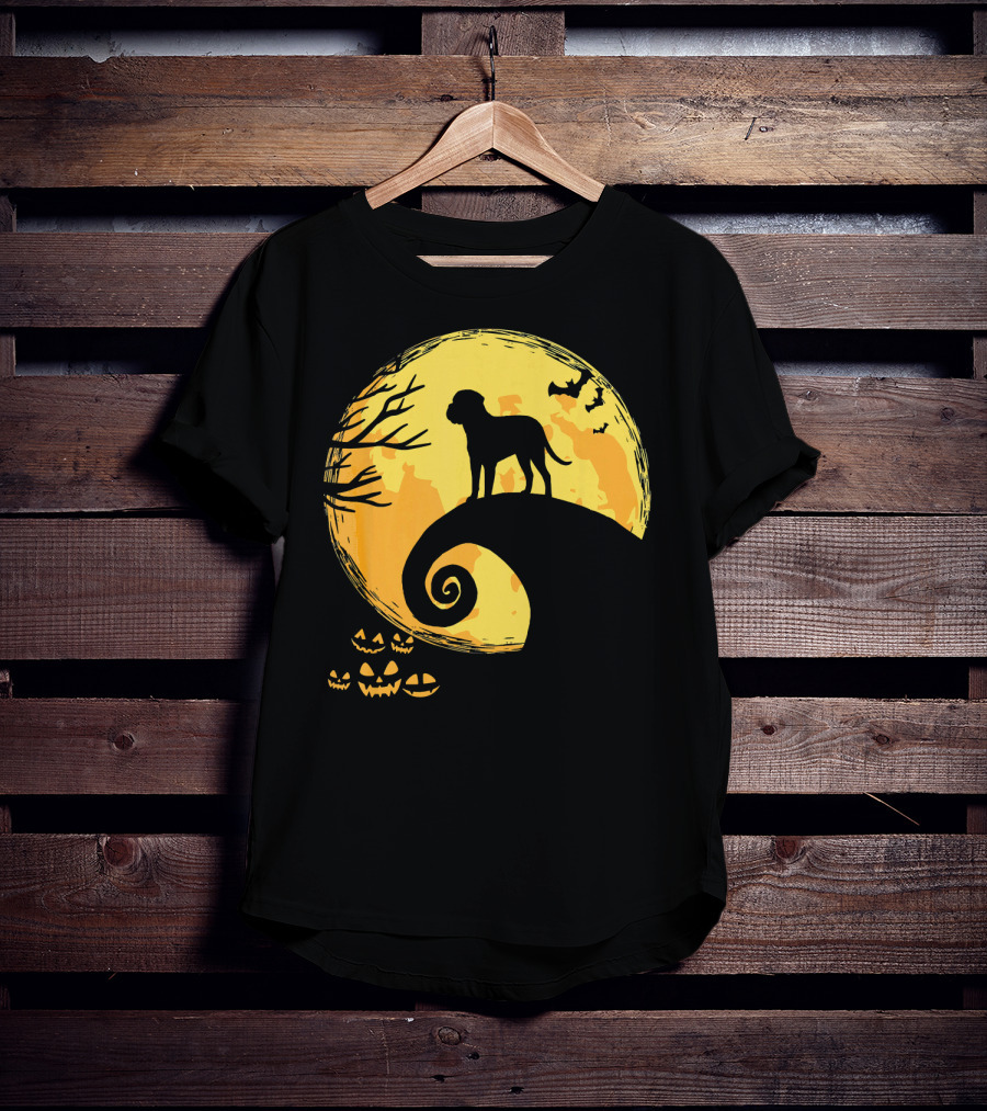 Bullmastiff Silhouette Moonlit Halloween Scene With Pumpkins And Bats T-Shirt