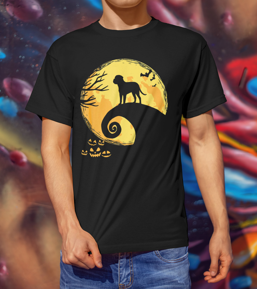 Bullmastiff Silhouette Moonlit Halloween Scene With Pumpkins And Bats T-Shirt