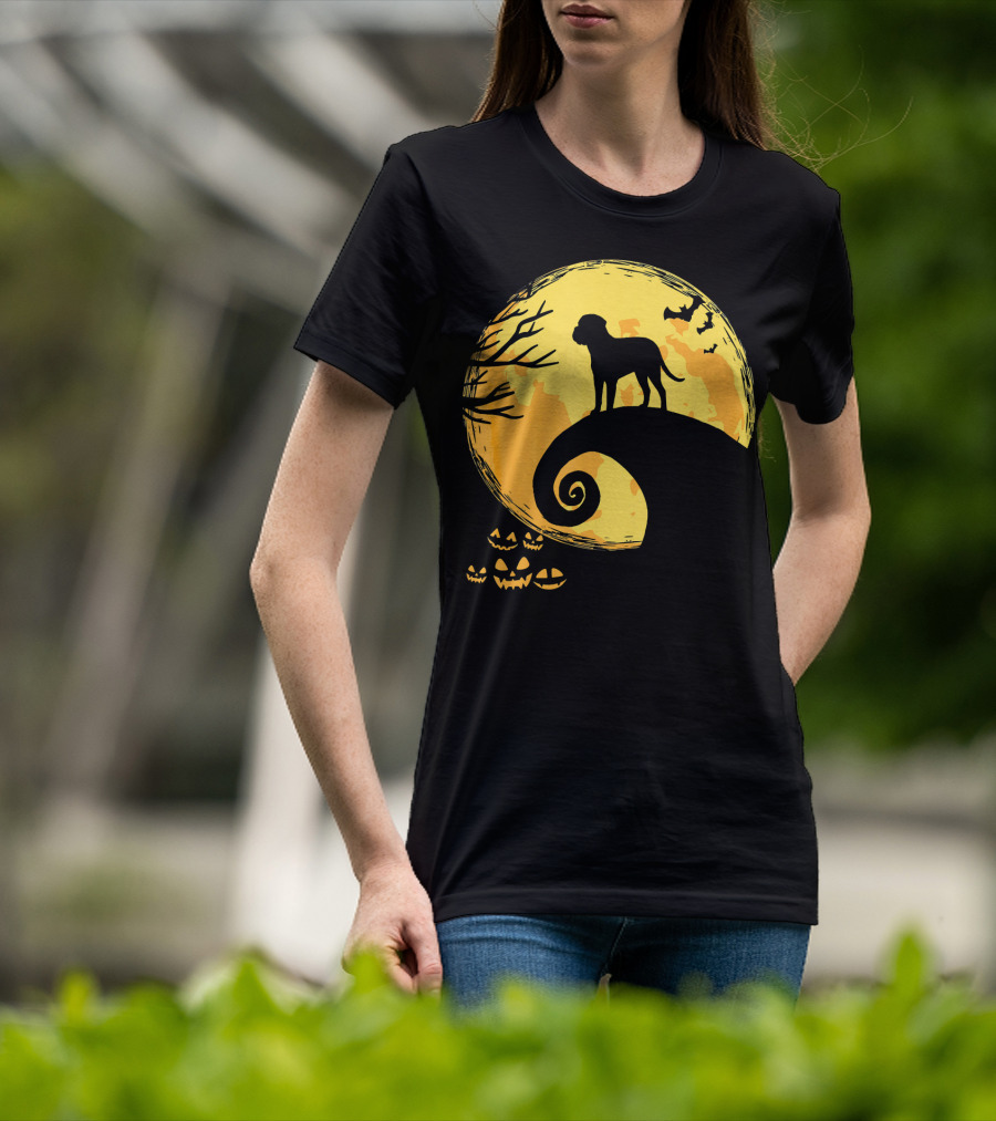 Bullmastiff Silhouette Moonlit Halloween Scene With Pumpkins And Bats T-Shirt