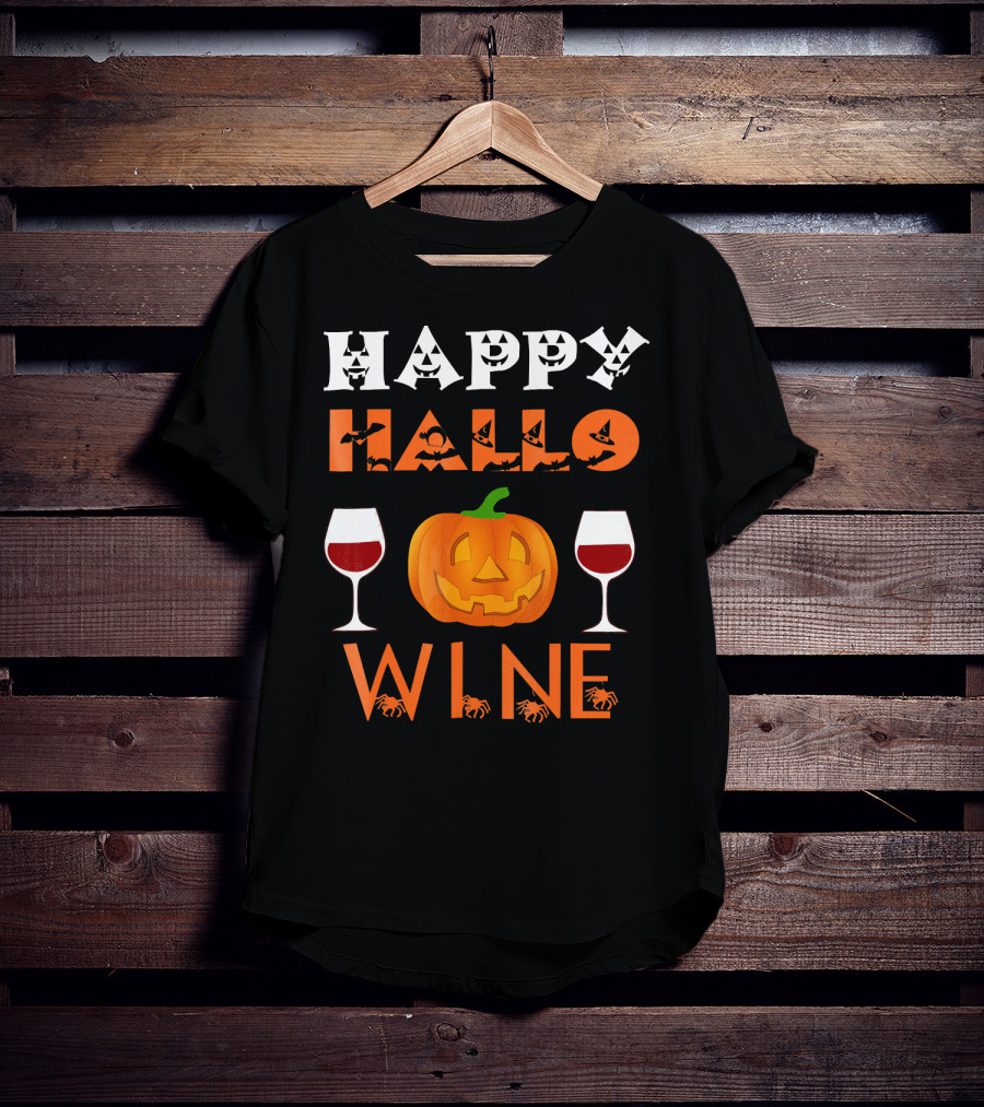 Happy Halloween Pumpkin Wine Glasses Spooky Bats And Spiders T-Shirt