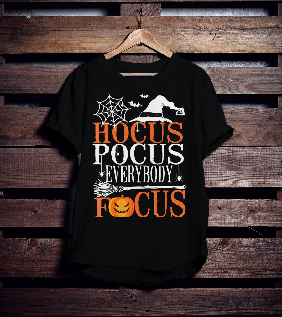 Hocus Pocus Everybody Focus Witch Hat Spider Web Broom Pumpkin T-Shirt