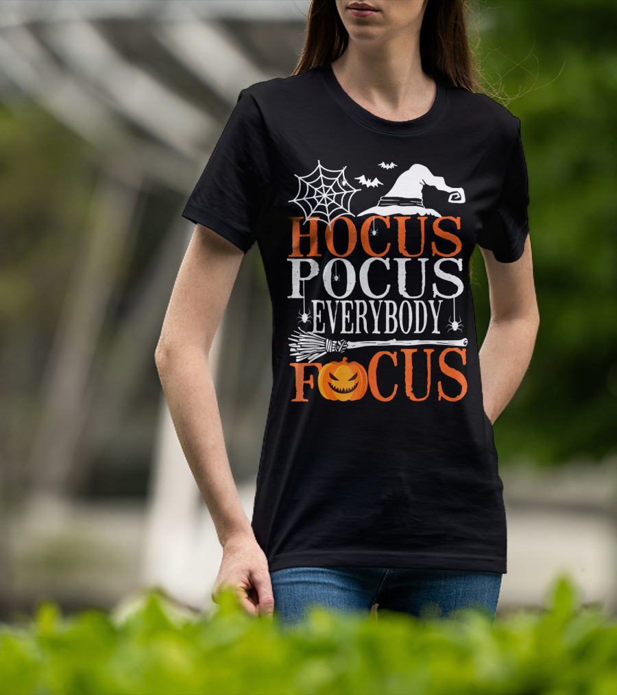 Hocus Pocus Everybody Focus Witch Hat Spider Web Broom Pumpkin T-Shirt