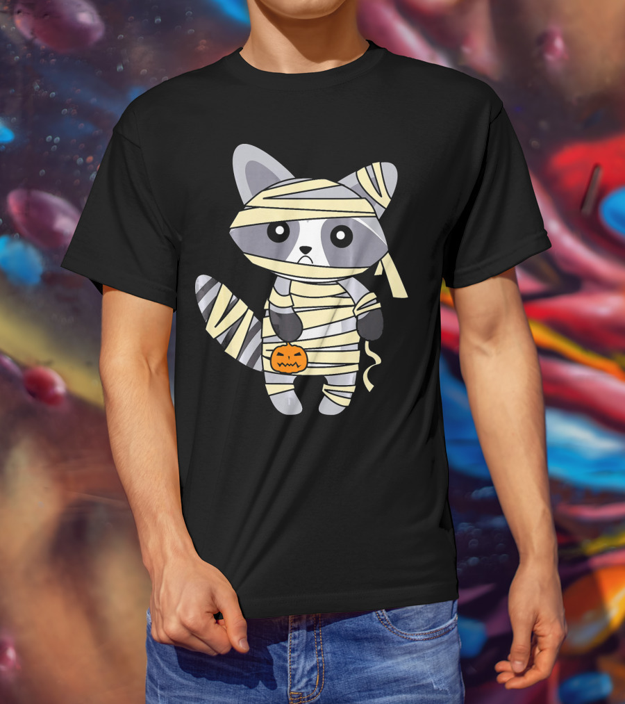 Mummy Raccoon Halloween With Jack-O'-Lantern T-Shirt