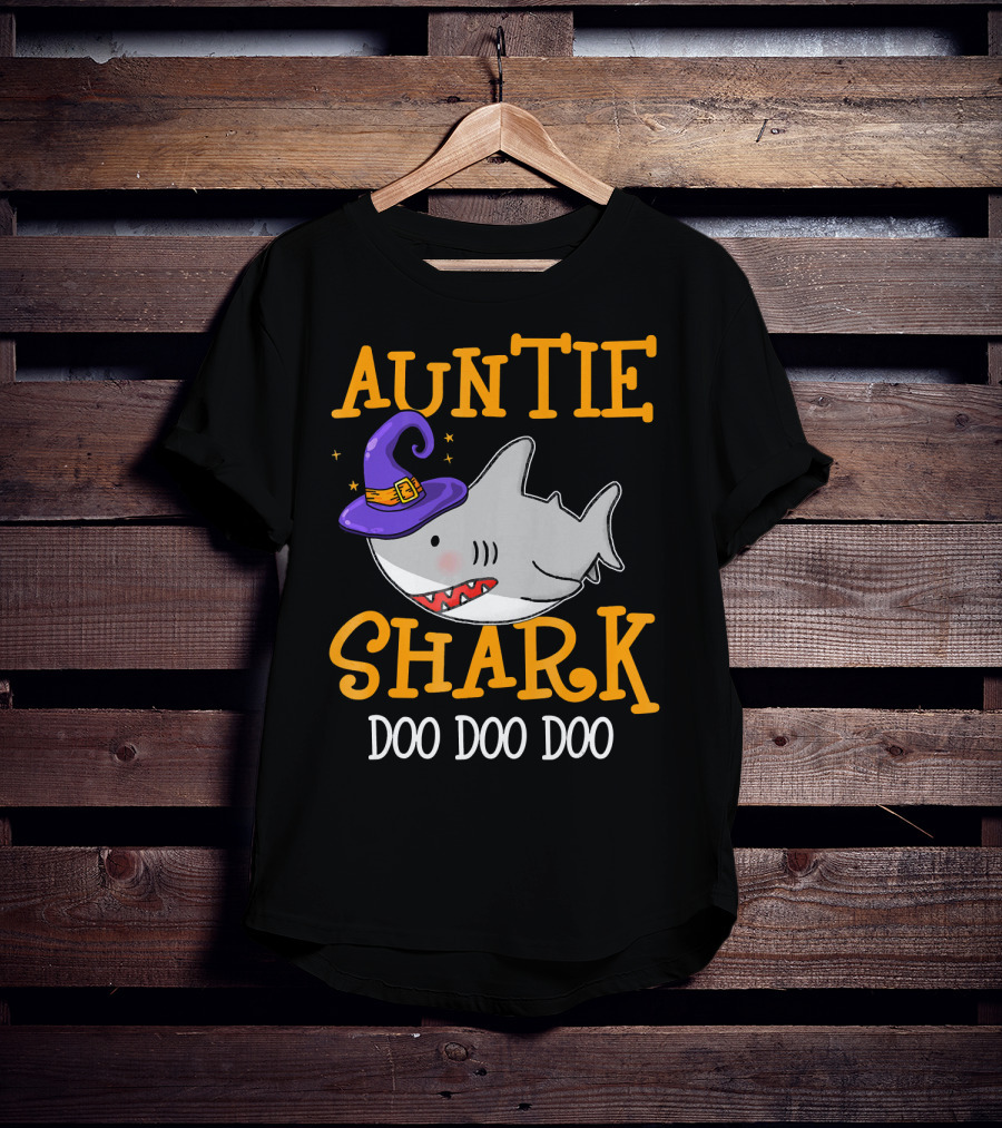 Auntie Shark Doo Doo Doo Funny Halloween With Witch Hat T-Shirt