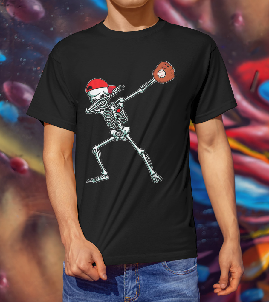 Dabbing Skeleton Baseball Dab Hi Red Cap Glove T-Shirt