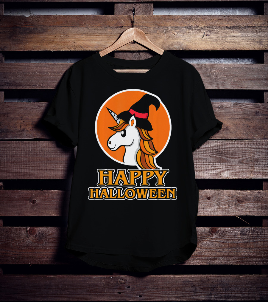 Happy Halloween Unicorn With Witch Hat T-Shirt