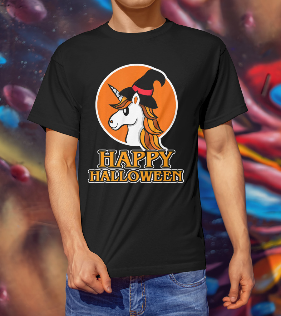 Happy Halloween Unicorn With Witch Hat T-Shirt