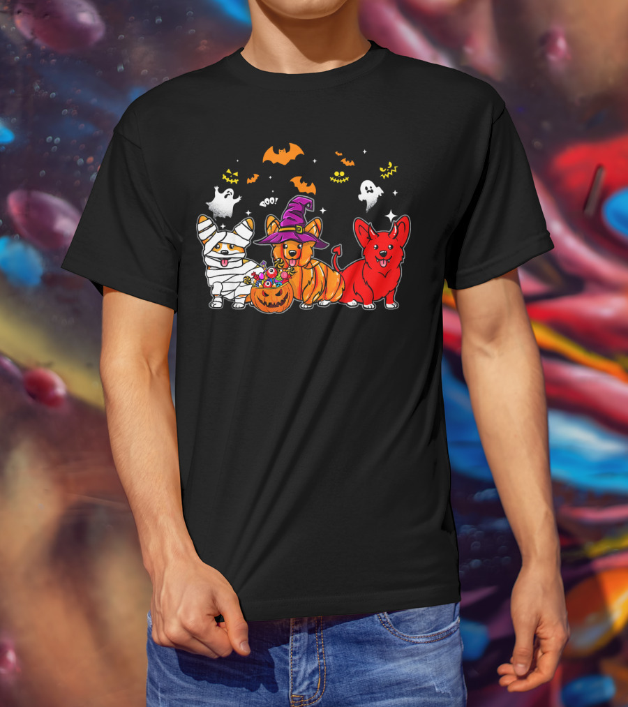 Corgi Dog Halloween Ghosts Pumpkins Mummy Witch T-Shirt