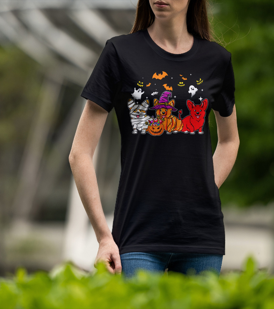 Corgi Dog Halloween Ghosts Pumpkins Mummy Witch T-Shirt