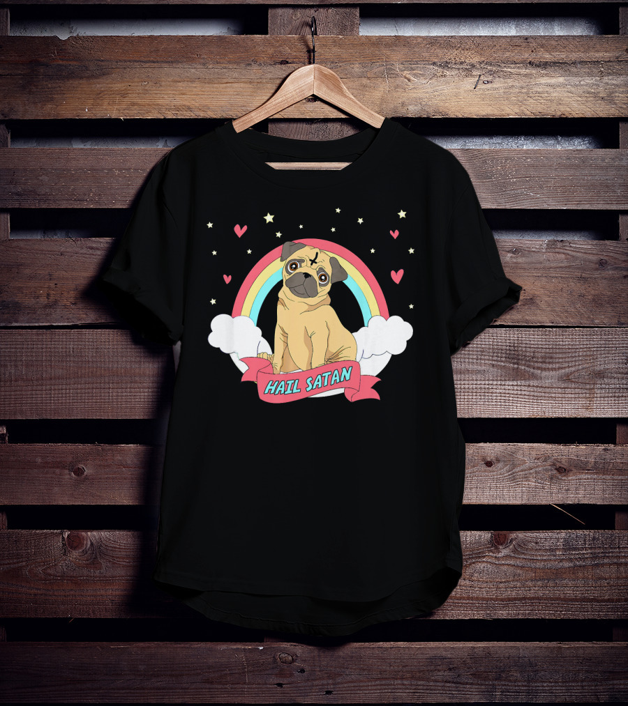 Hail Satan Pug Cute Halloween Rainbow Hearts Stars Clouds T-Shirt