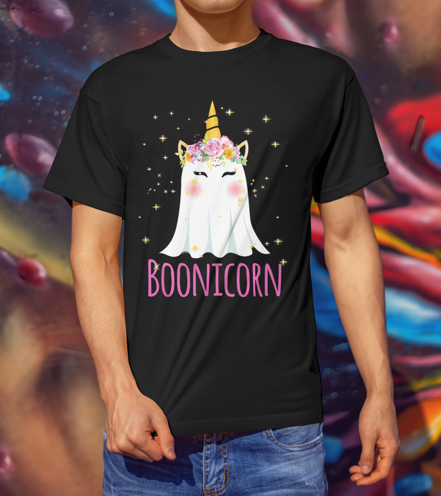 BooNicorn Unicorn Ghost With Flowers And Stars Halloween For Girl T-Shirt