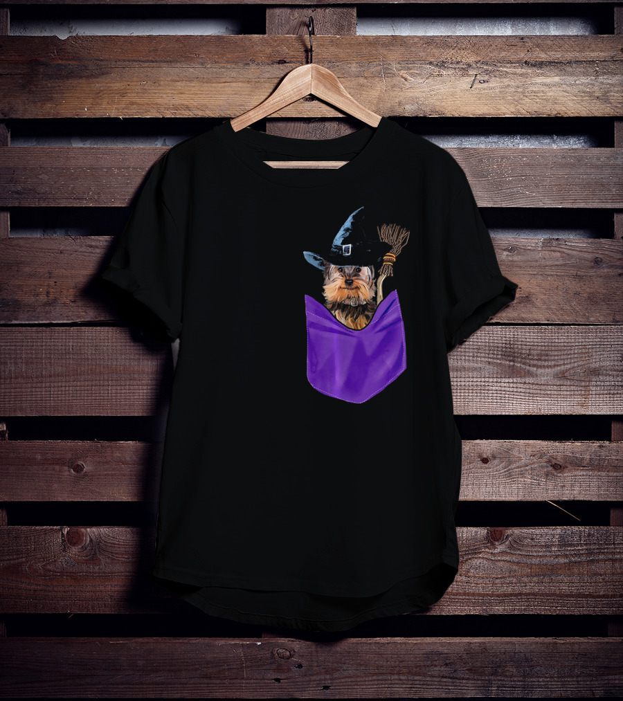 Yorkie Witch In Pocket With Broomstick T-Shirt