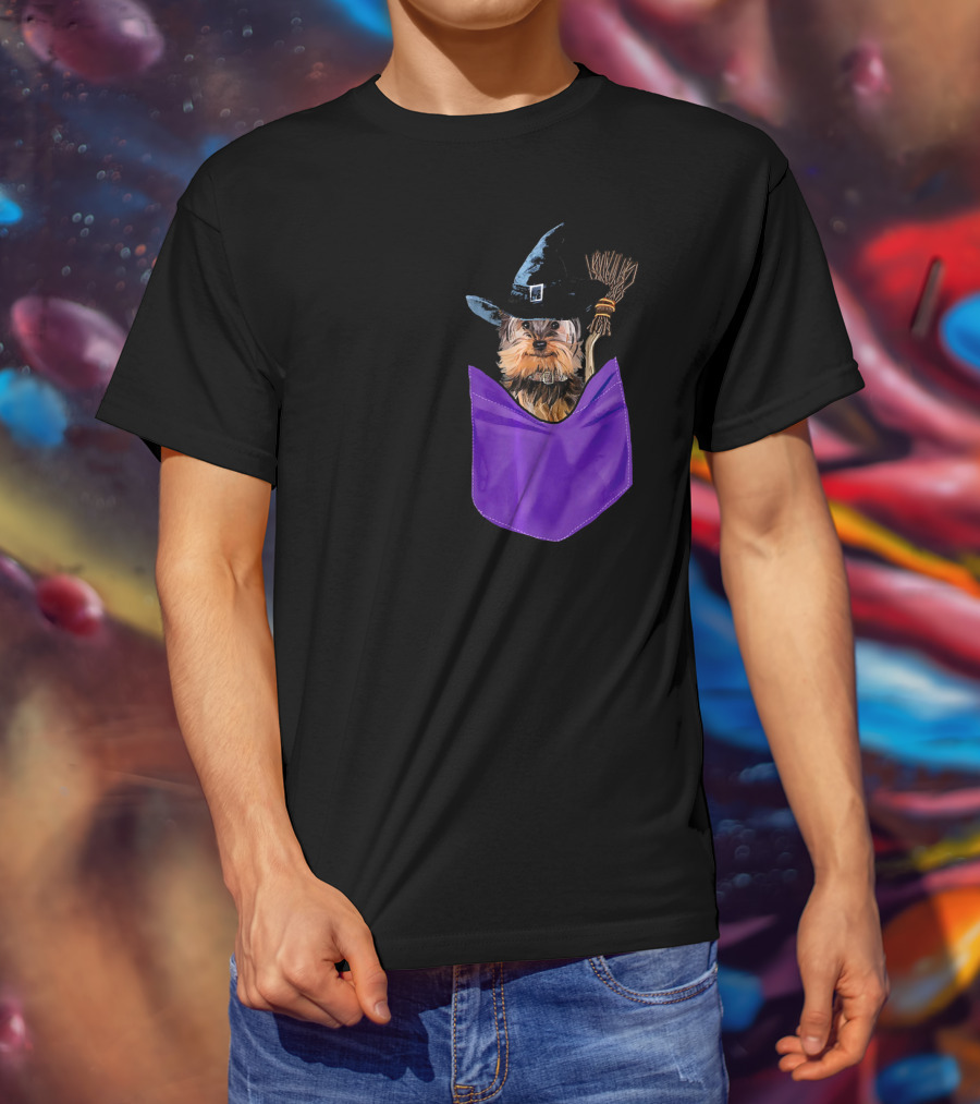 Yorkie Witch In Pocket With Broomstick T-Shirt