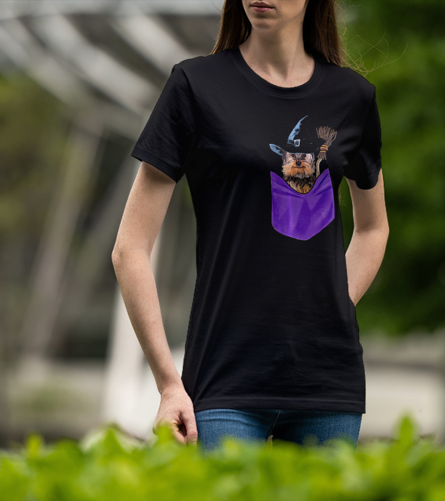 Yorkie Witch In Pocket With Broomstick T-Shirt