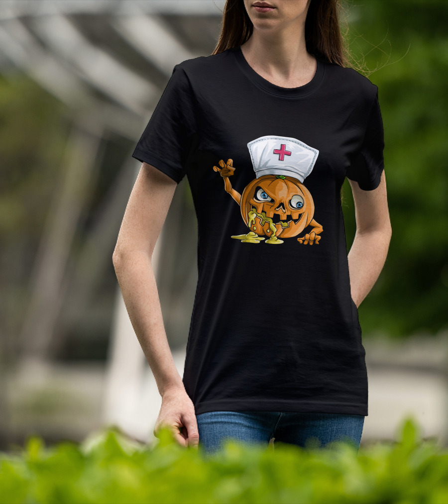 Zombie Pumpkin Nurse Funny Halloween Horror T-Shirt