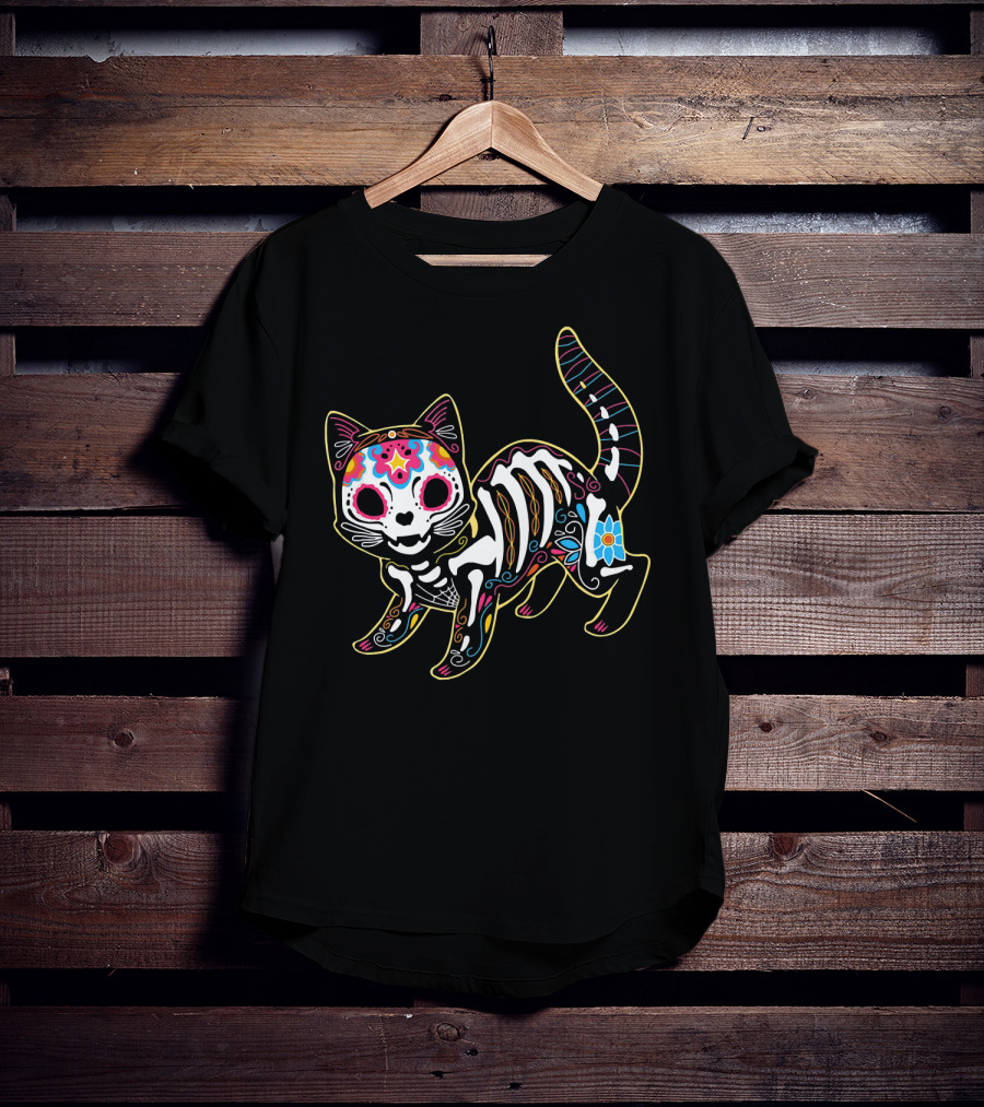 Day Of The Dead Black Cat Sugar Skull Halloween T-Shirt