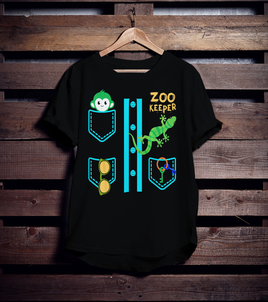 Zoo Keeper Costume Halloween Monkey Lizard Pockets Keys Glasses T-Shirt