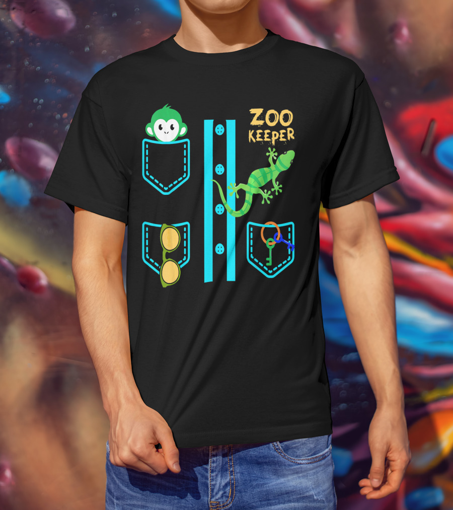 Zoo Keeper Costume Halloween Monkey Lizard Pockets Keys Glasses T-Shirt