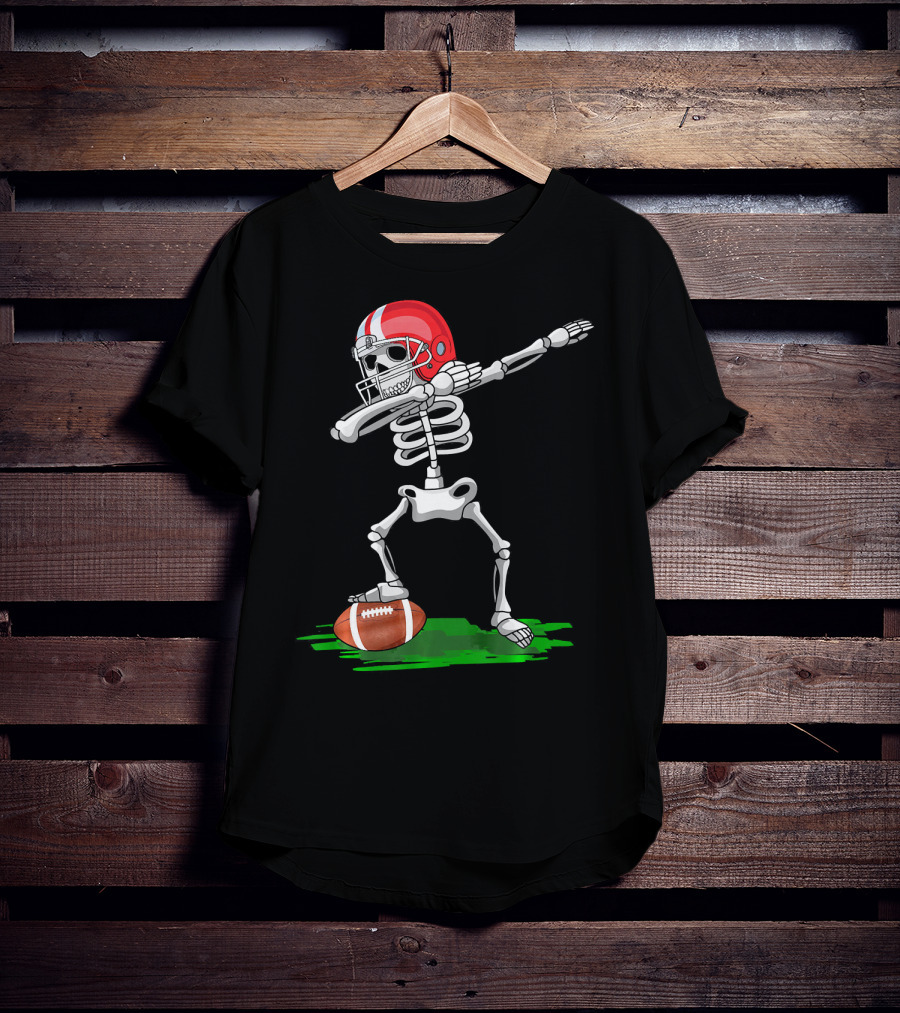 Dabbing Skeleton With Football And Red Helmet For Halloween T-Shirt