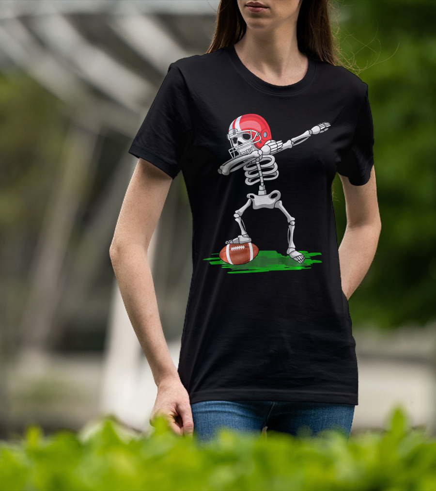 Dabbing Skeleton With Football And Red Helmet For Halloween T-Shirt