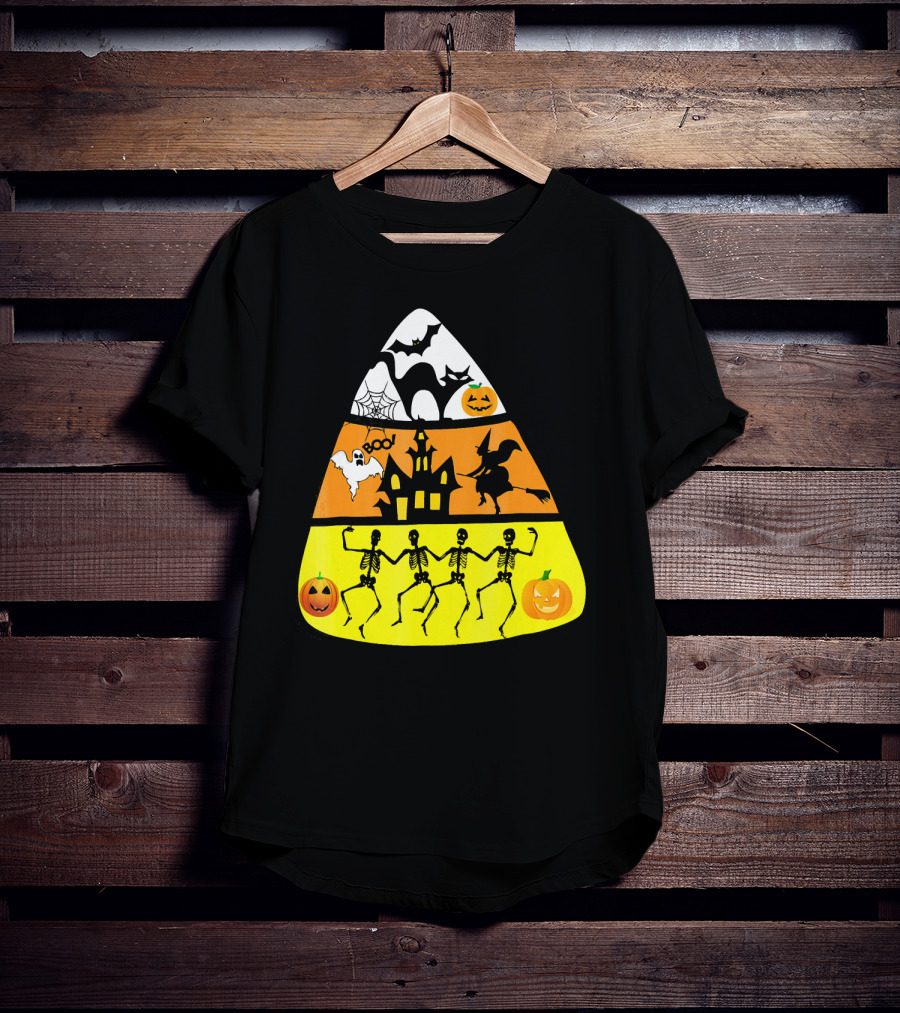 Candy Corn Halloween Scene Witch Skeletons Pumpkins Ghost Bats Haunted House Boo T-Shirt