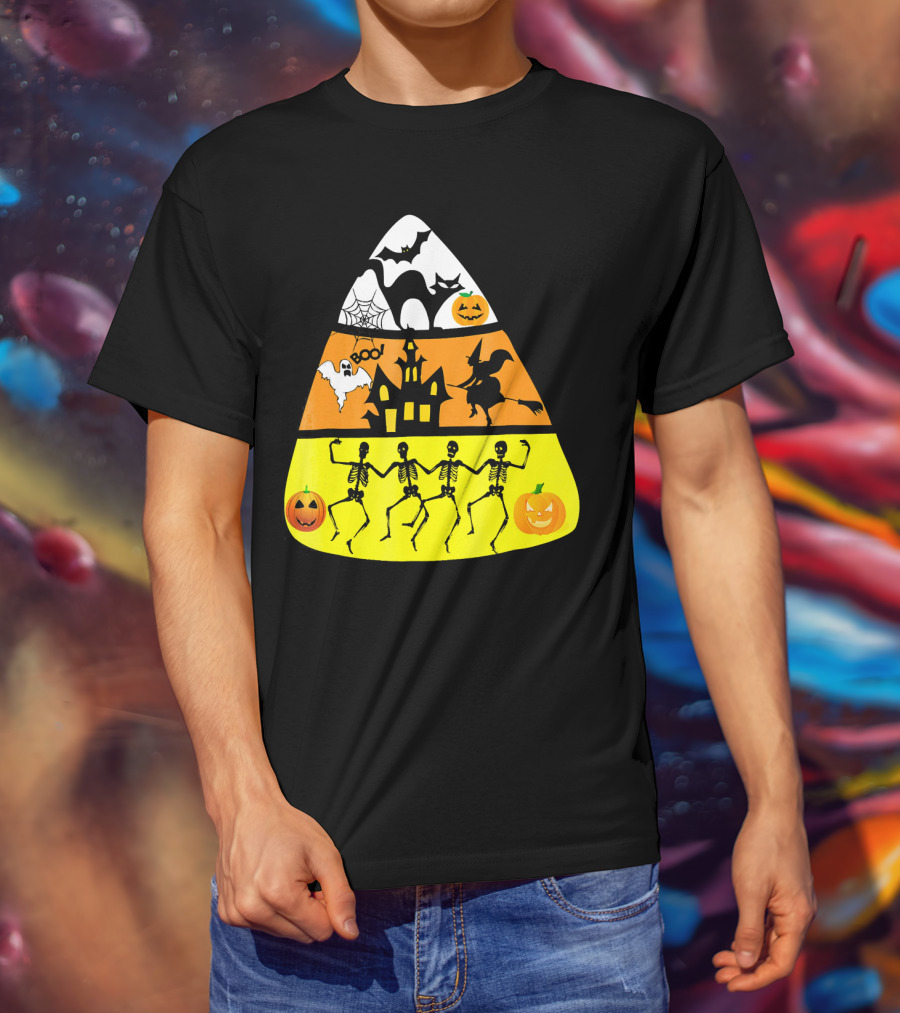 Candy Corn Halloween Scene Witch Skeletons Pumpkins Ghost Bats Haunted House Boo T-Shirt