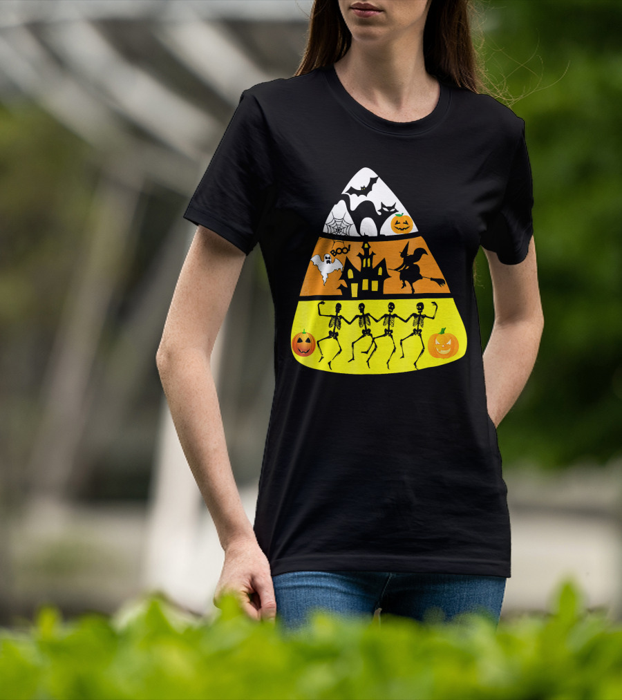 Candy Corn Halloween Scene Witch Skeletons Pumpkins Ghost Bats Haunted House Boo T-Shirt