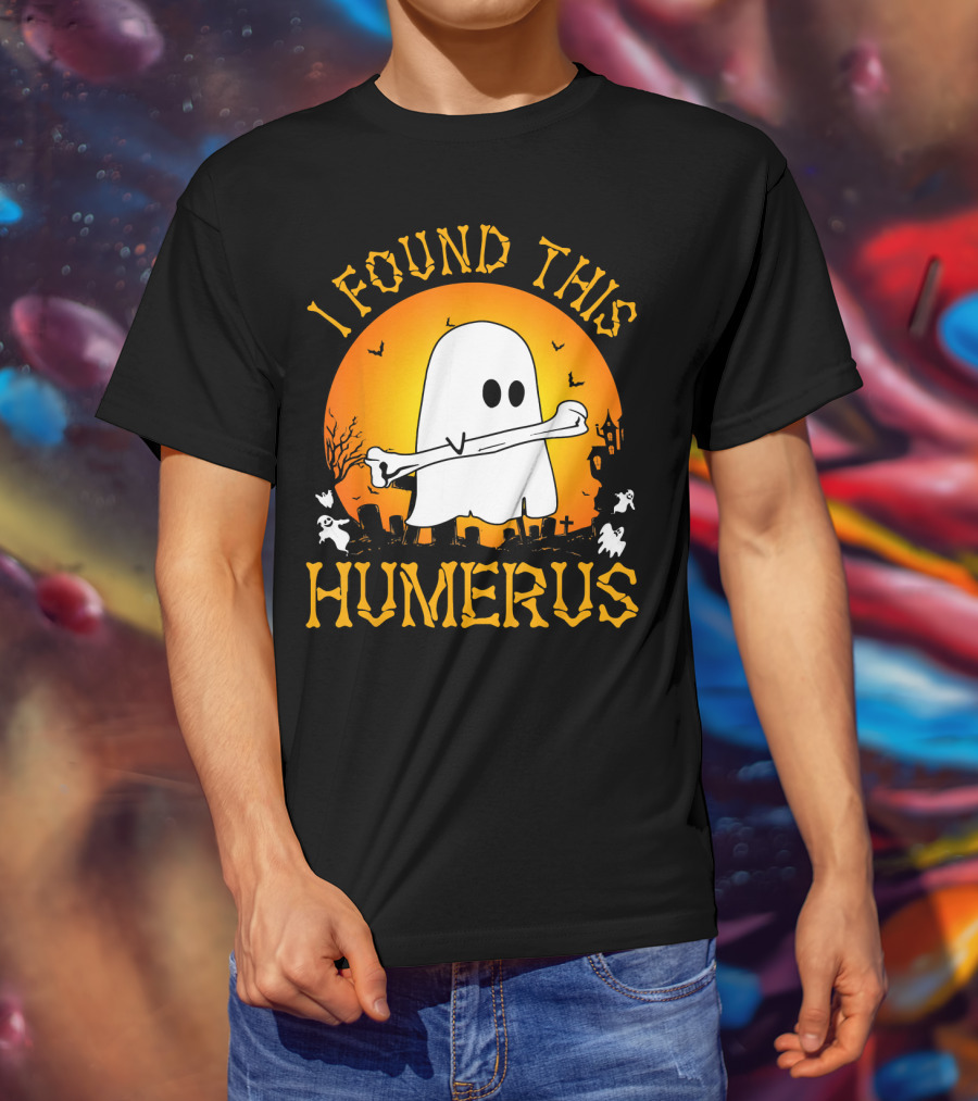 I Found This Humerus Halloween Ghost With Bone Spooky Graveyard Scene T-Shirt