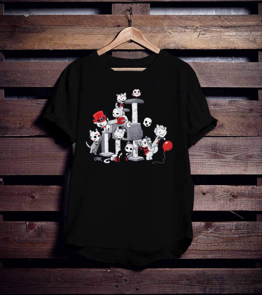 I Love Cats Horror Kitties Climbing Tower With Skull Mask Red Balloon And Top Hat T-Shirt