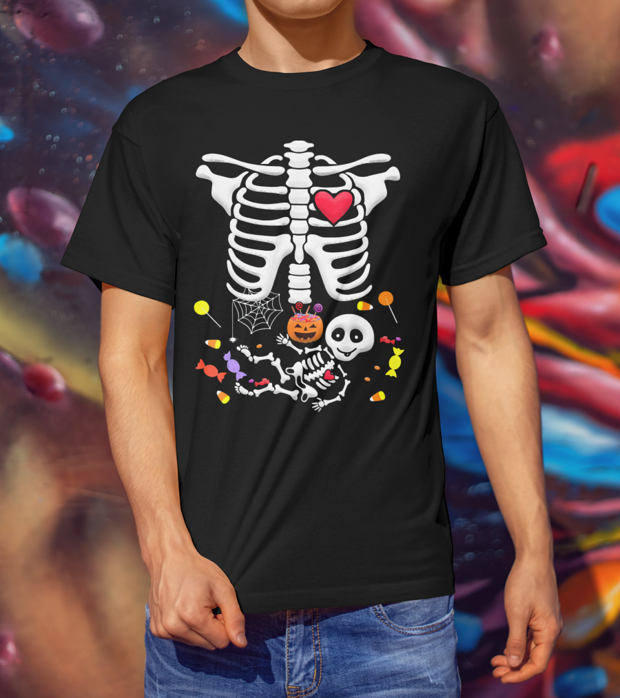 Pregnant Skeleton Heart Candy Pumpkin Halloween T-Shirt