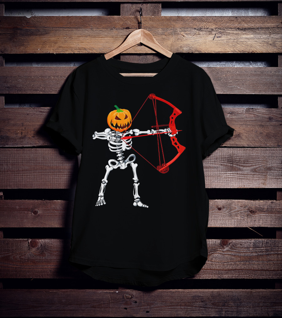 Skeleton Pumpkin Head With Red Bow Archery Halloween T-Shirt