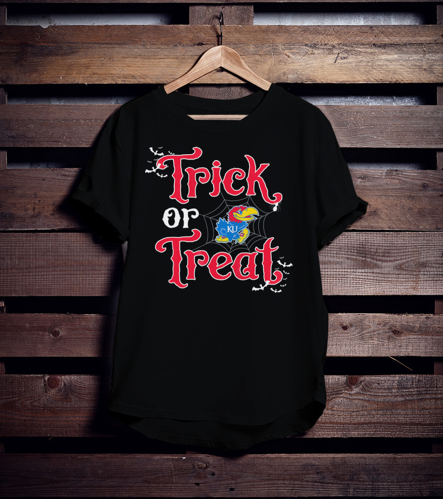 Kansas Jayhawks Trick Or Treat Halloween KU Logo Spiderweb Bats T-Shirt
