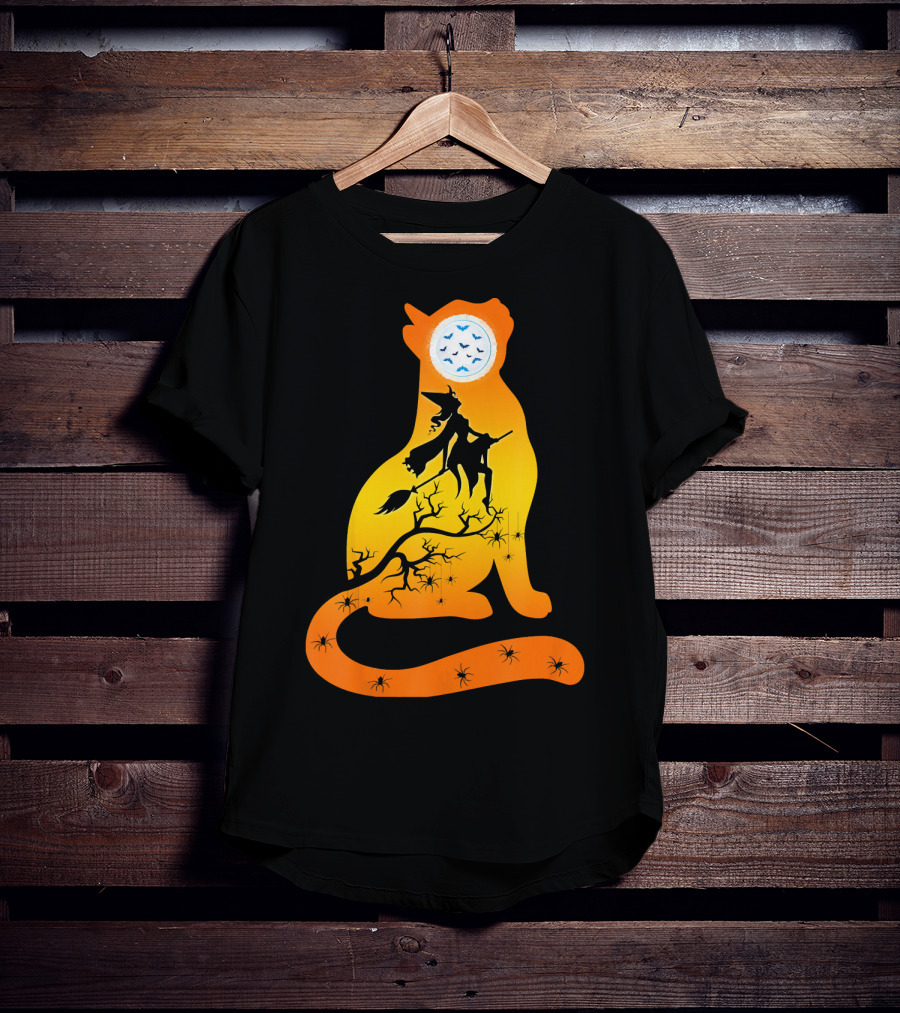 Funny Cat Witch Flying Under Bat Moon With Spooky Webs T-Shirt