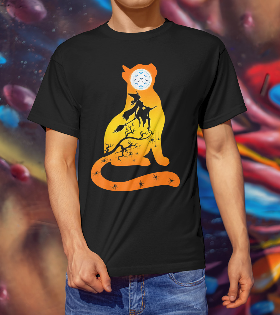 Funny Cat Witch Flying Under Bat Moon With Spooky Webs T-Shirt