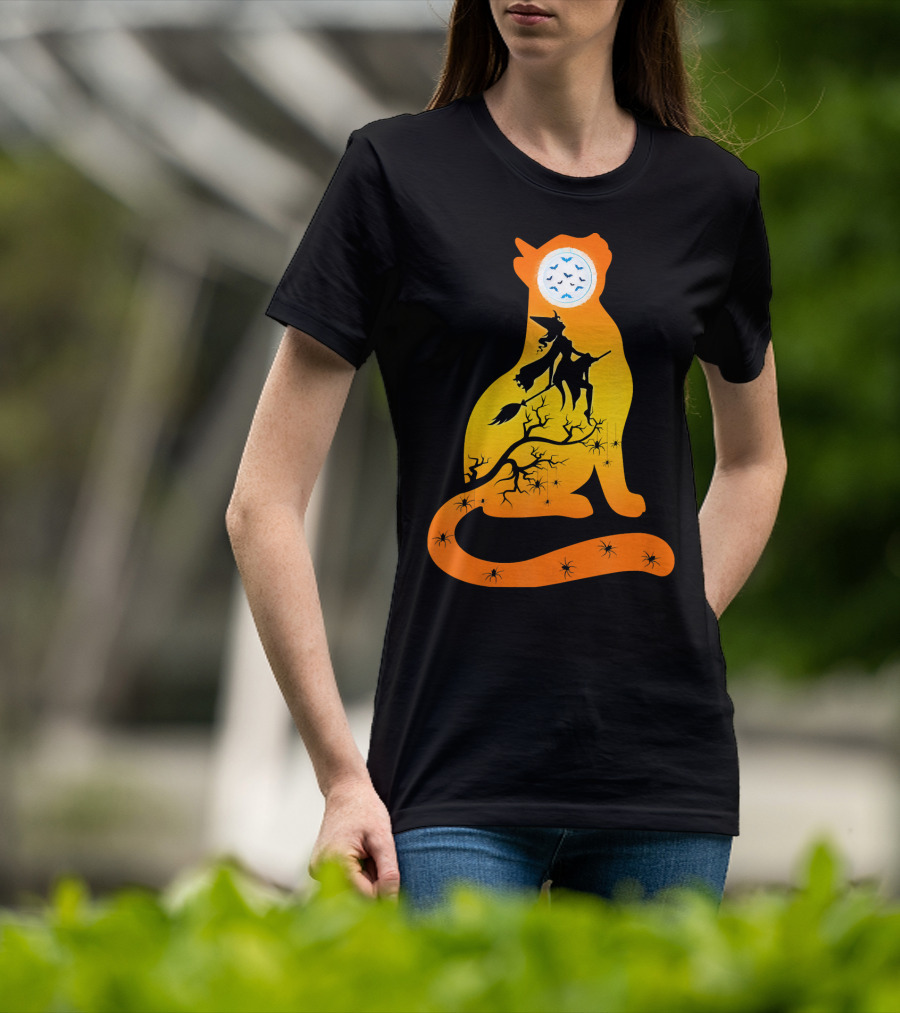 Funny Cat Witch Flying Under Bat Moon With Spooky Webs T-Shirt