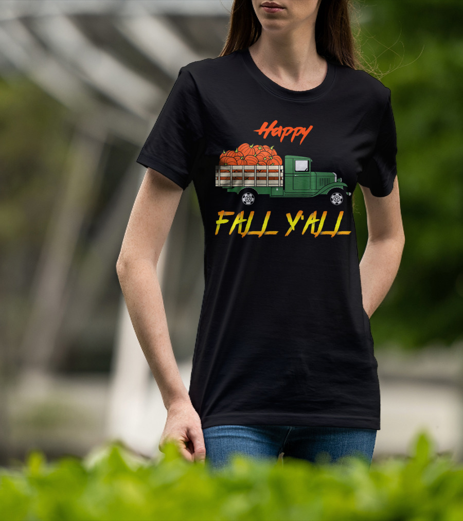 Happy Fall Yall Vintage Pumpkin Truck Classic Green Vehicle With Pumpkins T-Shirt