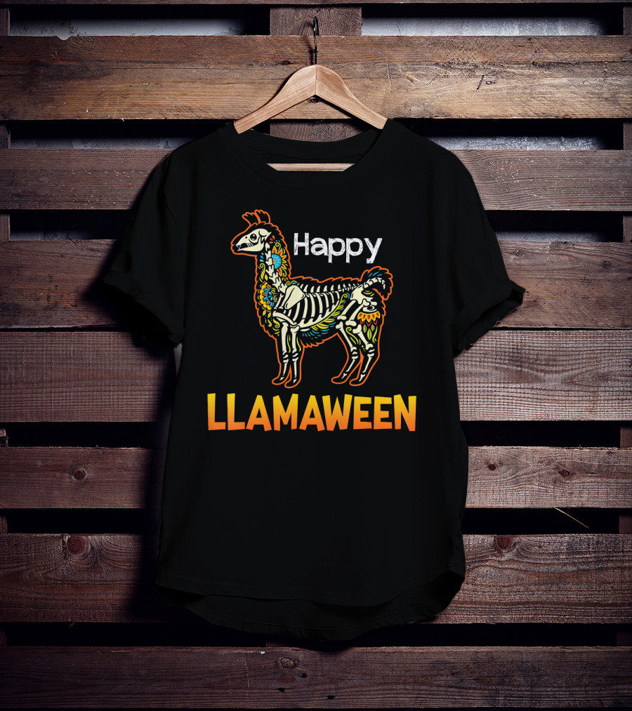 Happy Llamaween Funny Llama Skeleton Halloween T-Shirt