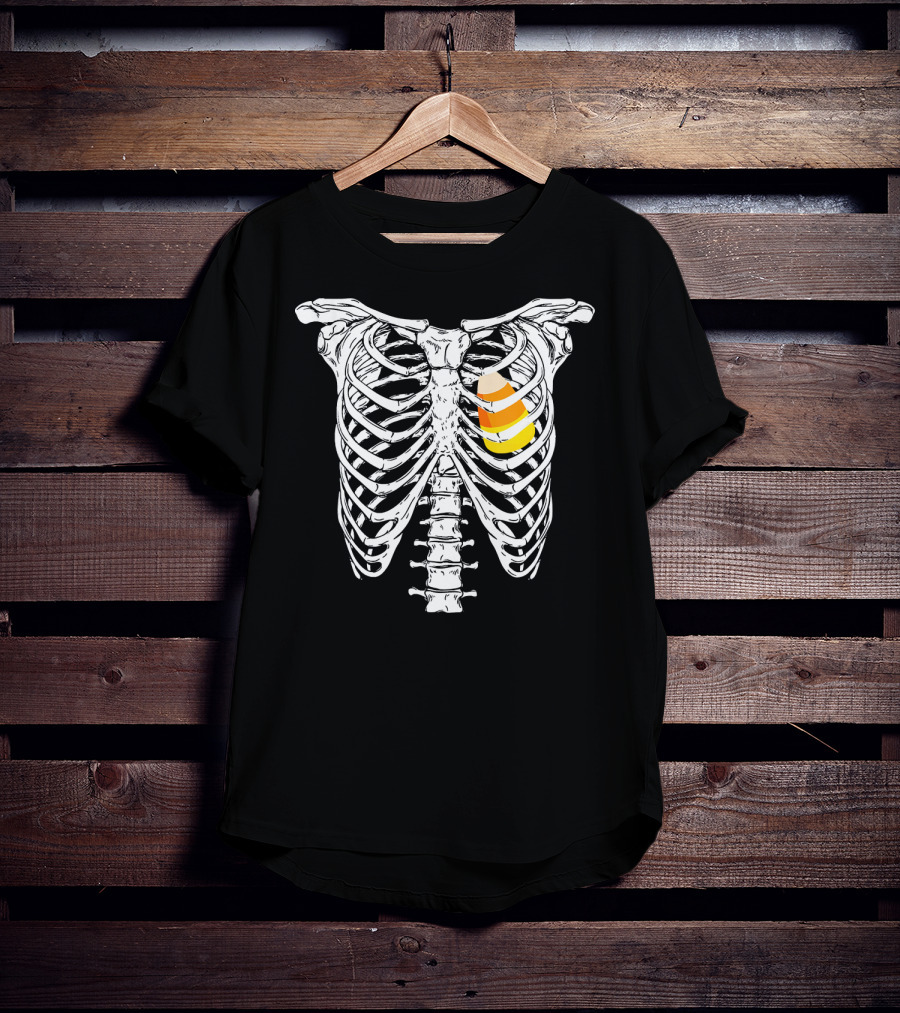 Candy Corn Inside Skeleton Ribs Halloween Humor T-Shirt