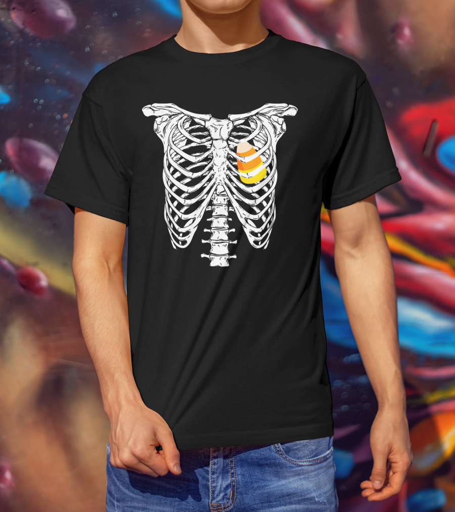Candy Corn Inside Skeleton Ribs Halloween Humor T-Shirt