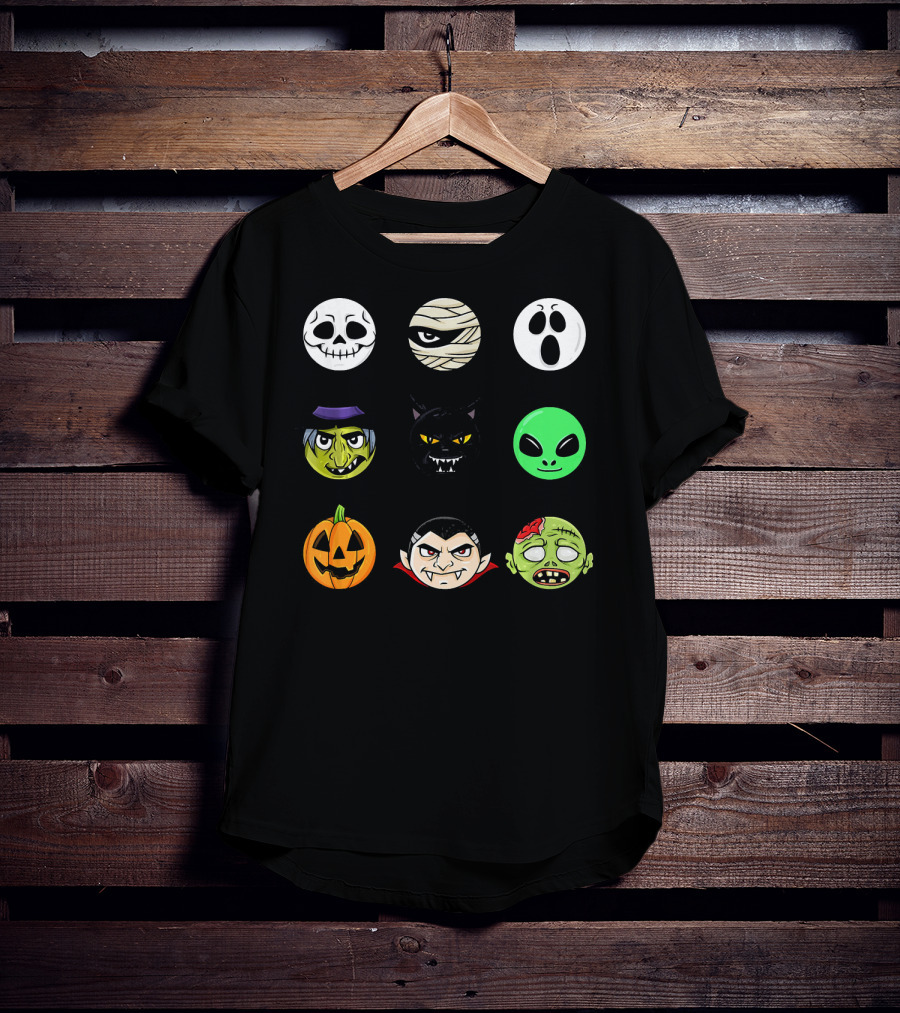 Scary Faces Halloween Emoji Emoji Icons Vampire Mummy Alien Ghost Pumpkin Monster Cat Witch T-Shirt