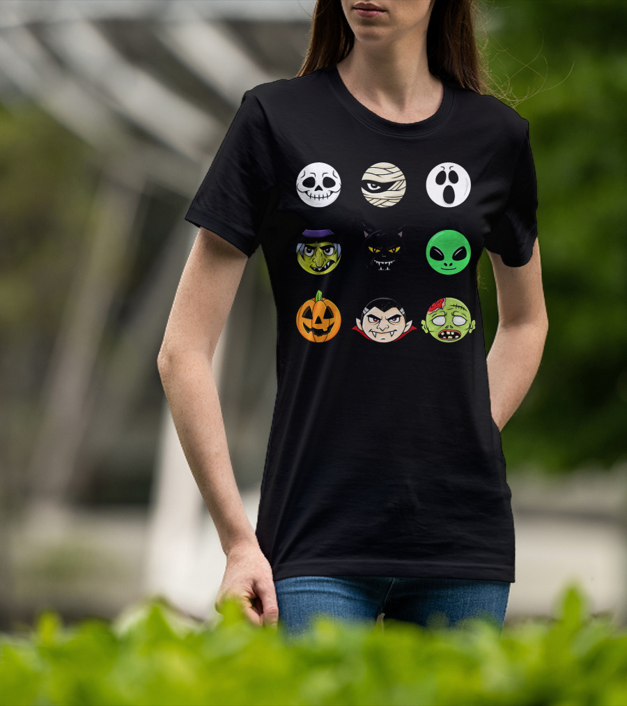 Scary Faces Halloween Emoji Emoji Icons Vampire Mummy Alien Ghost Pumpkin Monster Cat Witch T-Shirt