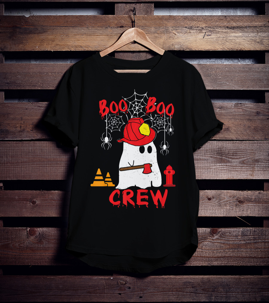 Boo Boo Crew Firefighter Halloween Ghost Spiderwebs And Axe T-Shirt